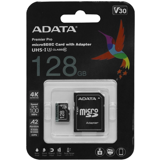 Флеш (Flash) карты ADATA microSDXC Class 10 + adapter SD AUSDX128GUI3V30SA2-RA1 (128 ГБ)