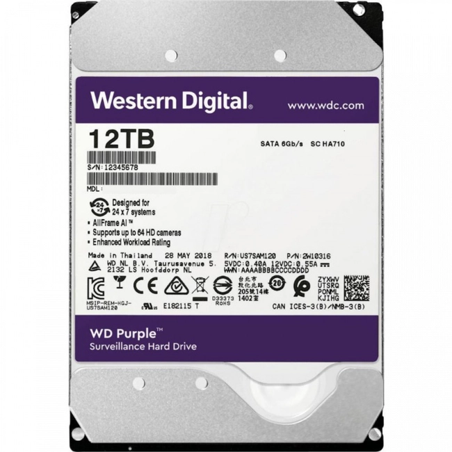 Внутренний жесткий диск Western Digital Purple WD121PURX-78 (HDD (классические), 12 ТБ, 3.5 дюйма, SATA)