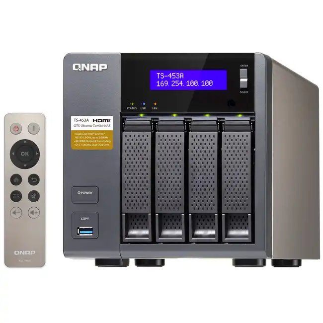 Дисковая системы хранения данных СХД Qnap Сетевой RAID-накопитель, 4 отсека для HDD, HDMI-порт. Четырехъядерный Intel Celeron N3150 1,6 ГГц TS-453A-4G (Tower, Tower)