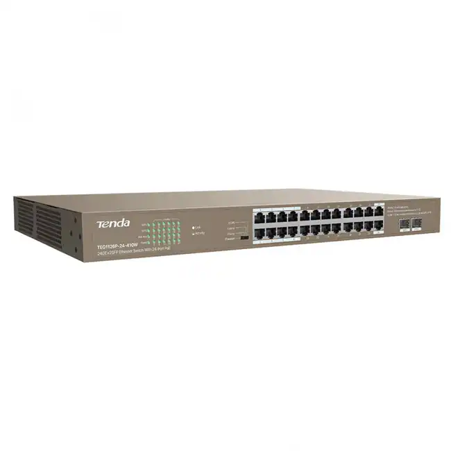 Коммутатор TENDA TEG1126P-24-410W (1000 Base-TX (1000 мбит/с), 2 SFP порта)