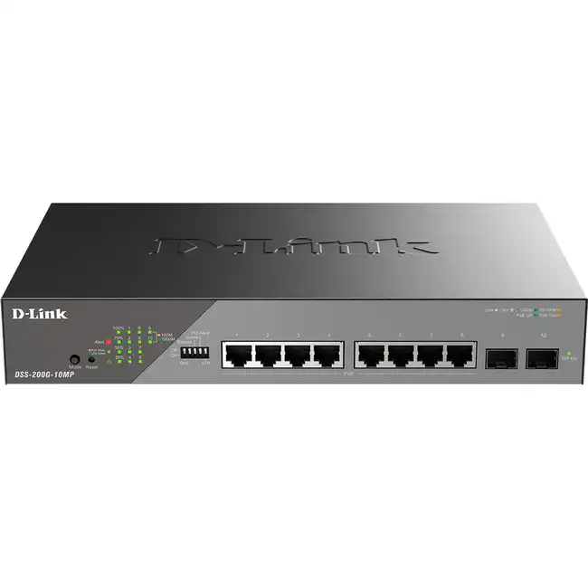 Коммутатор D-link DSS-200G-10MP DSS-200G-10MP/A1A (1000 Base-T (1000 мбит/с), 2 SFP порта)
