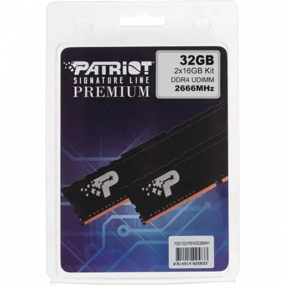 ОЗУ Patriot Signature Premium PSP432G2666KH1 DIMM, DDR4, 32 Гб (2 х 16 Гб), 2666 МГц