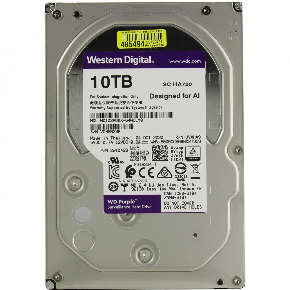 Жесткий диск Western Digital 10 ТБ WD102PURX HDD (классические), 10 ТБ, 3.5 дюйма, SATA