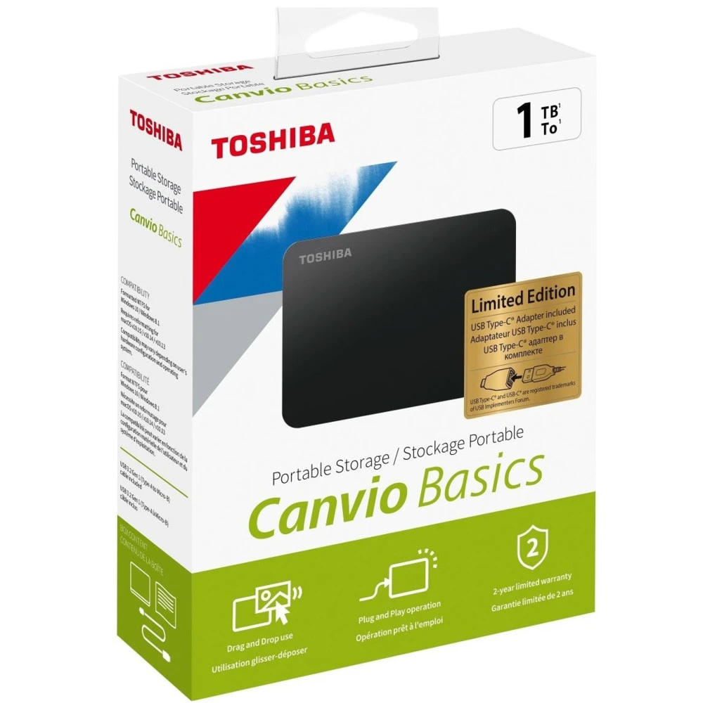 Внешние накопители Toshiba 1 ТБ HDTB410EK3AB 1 ТБ, Разъём USB Type-C