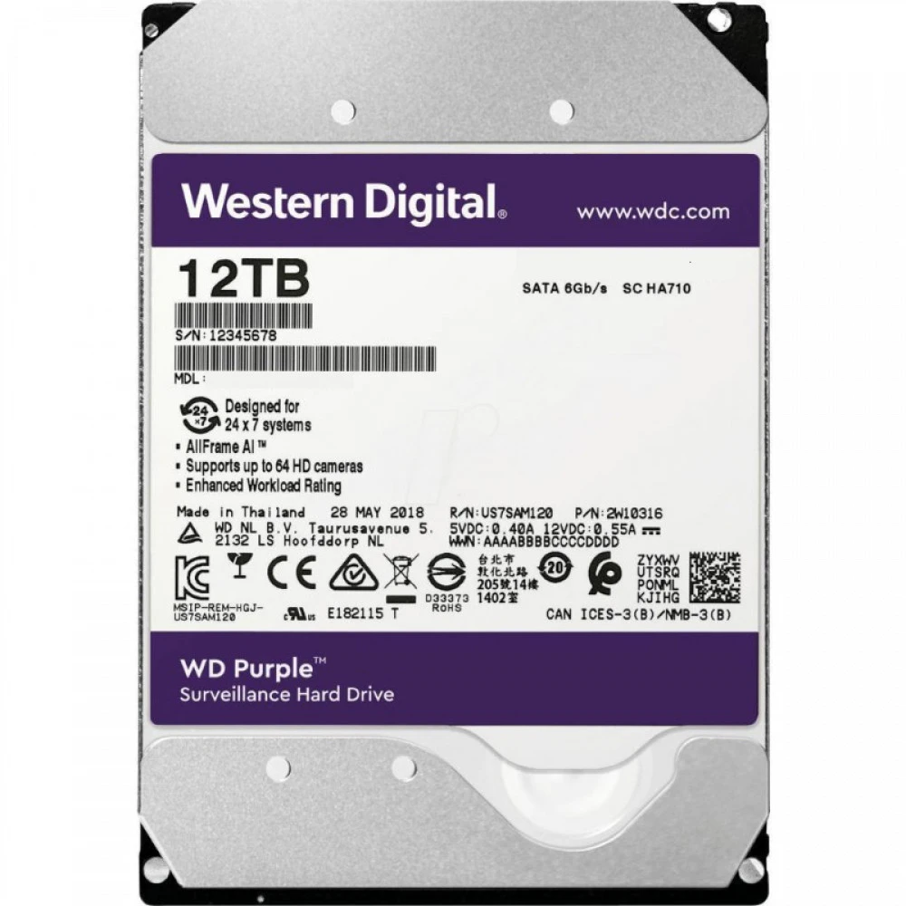 Жесткий диск Western Digital Purple WD121PURX-78 HDD (классические), 12 ТБ, 3.5 дюйма, SATA
