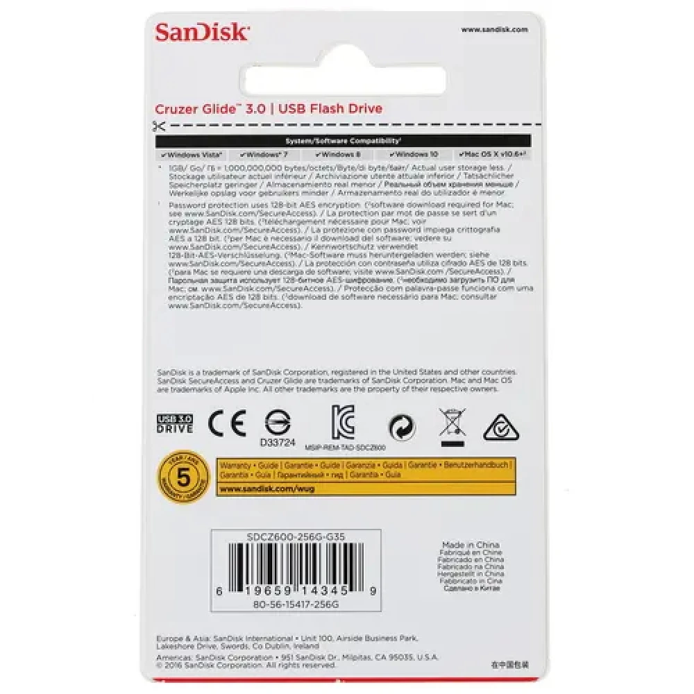 USB флешка (Flash) SanDisk Cruzer Glide [SDCZ600-256G-G35] 256 ГБ