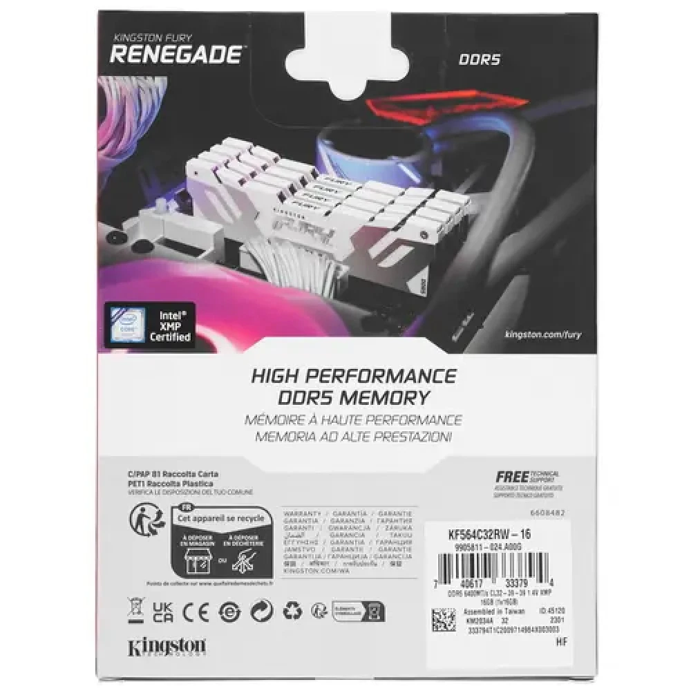 ОЗУ Kingston Fury Renegade White KF564C32RW-16 DIMM, DDR5, 16 Гб, 6400 МГц