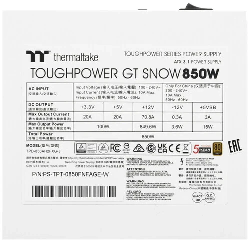 Блок питания Thermaltake Toughpower GT 850W Snow PS-TPT-0850FNFAGE-W 850 Вт