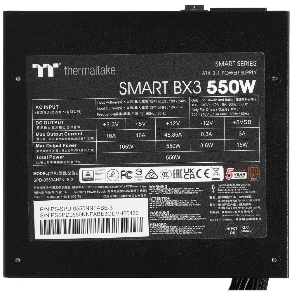 Блок питания Thermaltake Smart BX3 Bronze 550W PS-SPD-0550NNFABE-3 550 Вт