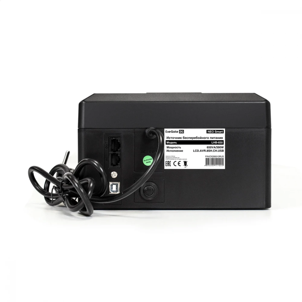 Источник бесперебойного питания ExeGate NEO Smart LHB-650.LCD.AVR.8SH.CH.RJ.USB EX295013RUS 650 ВА, 390 Вт