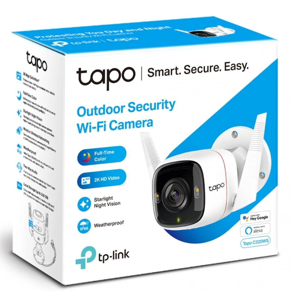 IP видеокамера TP-Link (SOHO) Tapo C320WS Цилиндрическая, Уличная, WiFi + Ethernet, Фиксированный объектив, 3.89 мм, 1/2.7", 4 Мп ~ 2560×1440 Quad HD