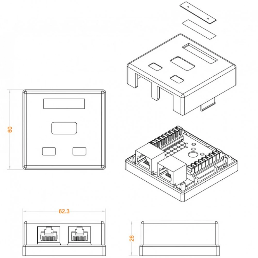 Сетевая розетка Hyperline Розетка компьютерная RJ-45(8P8C) категория 6 двойная внешняя SB1-2-8P8C-C6-WH