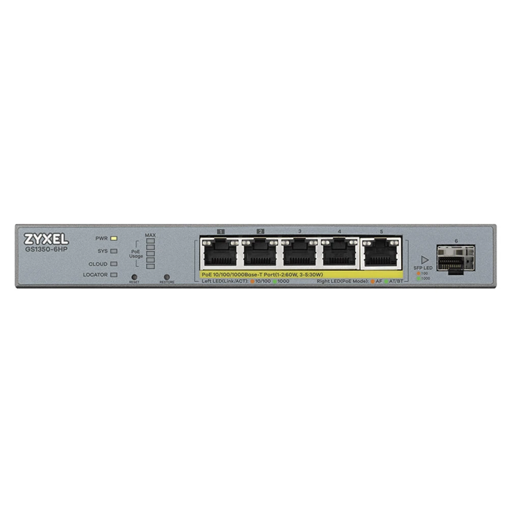 Коммутатор Zyxel GS1350-6HP-EU0101F 1000 Base-TX (1000 мбит/с), 1 SFP порт