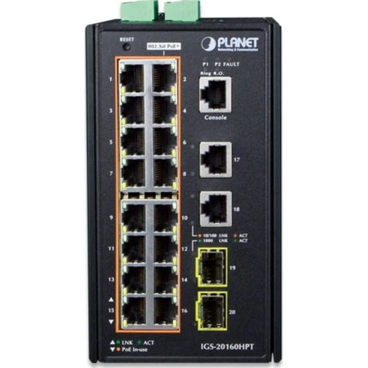Коммутатор Planet IGS-20160HPT 1000 Base-TX (1000 мбит/с), 2 SFP порта