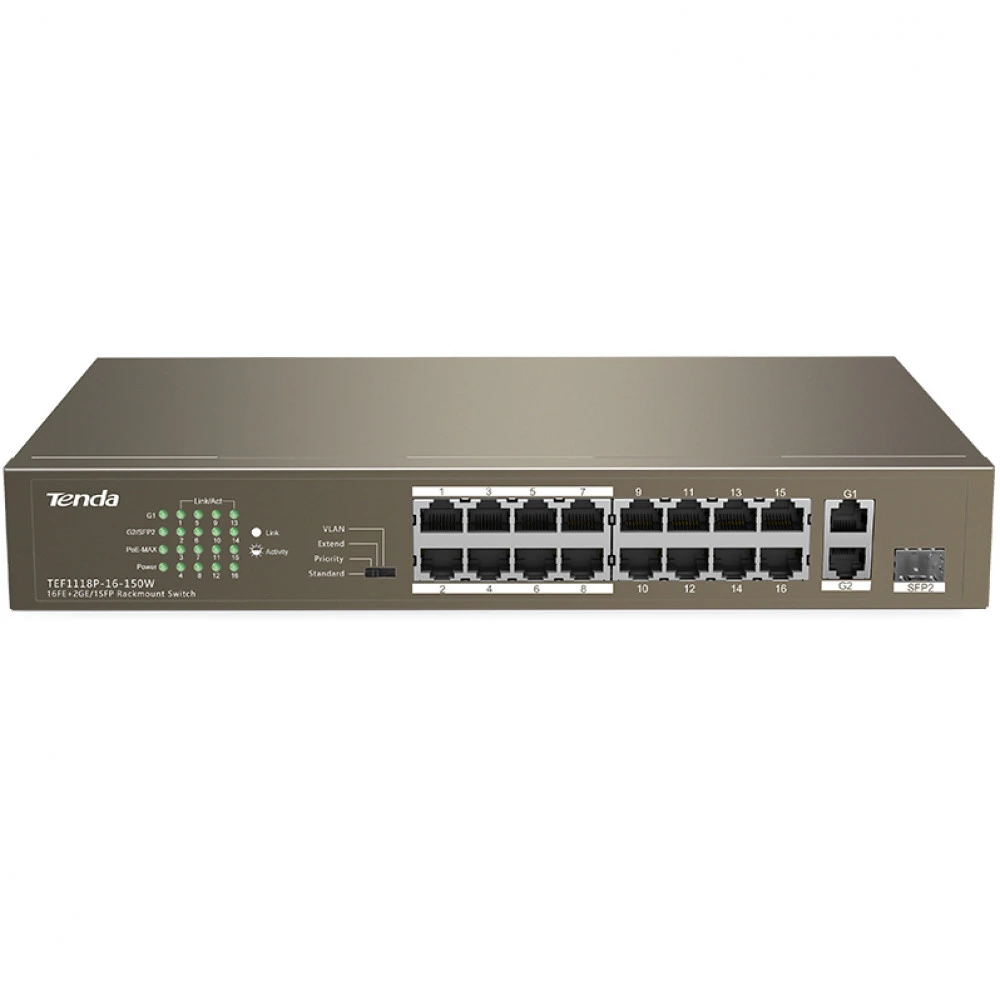 Коммутатор TENDA TEF1118P-16-150W 1000 Base-TX (1000 мбит/с), 1 SFP порт