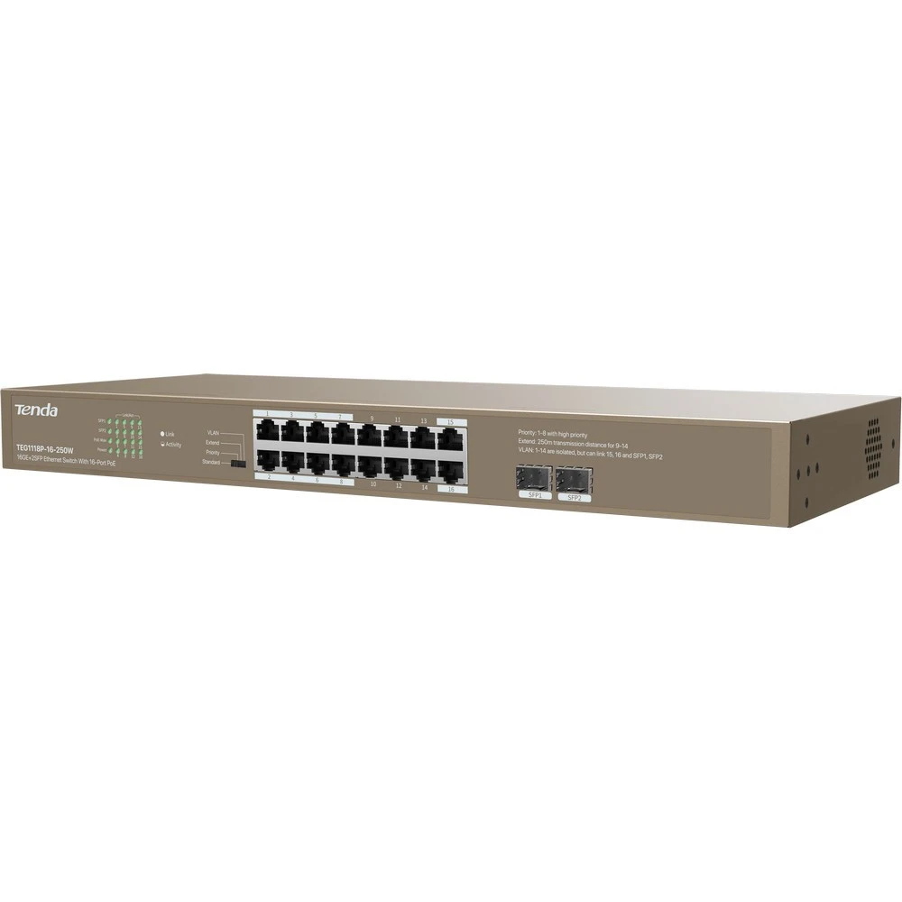 Коммутатор TENDA TEG1118P-16-250W 1000 Base-TX (1000 мбит/с), 2 SFP порта