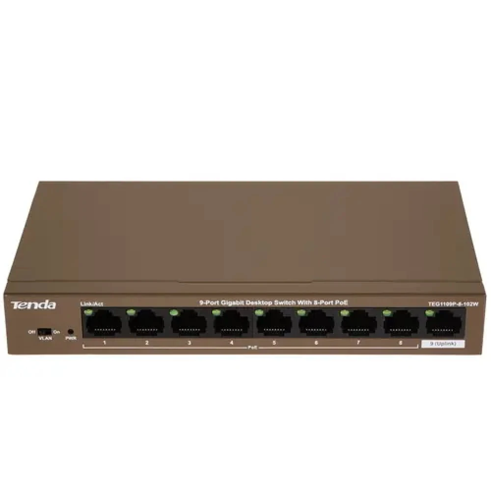 Коммутатор TENDA TEG1109P TEG1109P-8-102W 1000 Base-TX (1000 мбит/с)