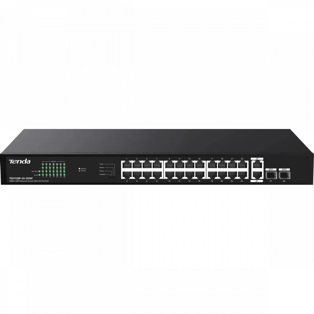Коммутатор TENDA TEG1128P-24-250W 1000 Base-T (1000 мбит/с), 2 SFP порта