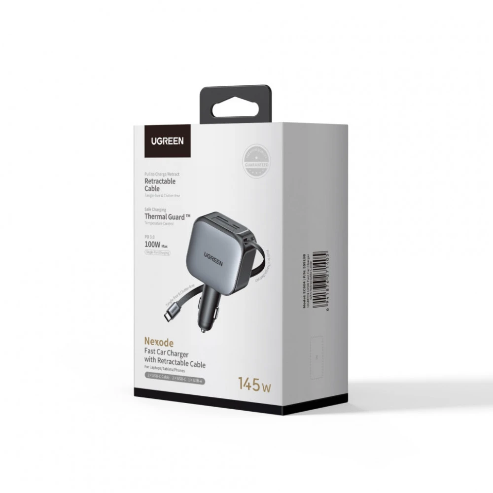 Автоаксессуар UGREEN EC604 145W 2C1A Fast Car Charger with Retractable Cable 55910B