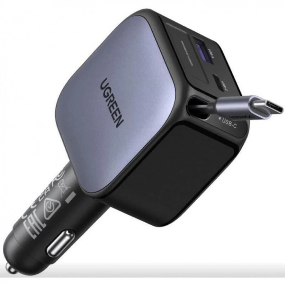 Автоаксессуар UGREEN EC604 145W 2C1A Fast Car Charger with Retractable Cable 55910B