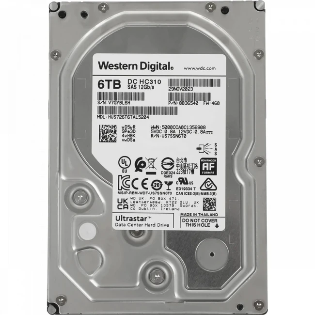 Серверный жесткий диск Western Digital Ultrastar DC HC310 HUS726T6TAL5204 HUS726T6TAL5204_0B36540 HDD, 3,5 LFF, 6 ТБ, SAS