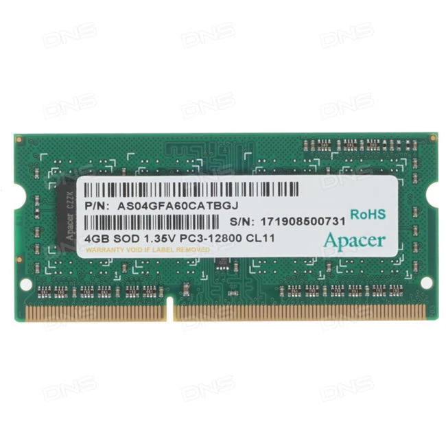 ОЗУ Apacer DV.04G2K.KAM (SO-DIMM, DDR3, 4 Гб, 1600 МГц)