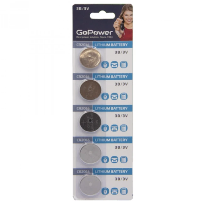 Батарейка GoPower CR2016 BL5 Lithium 3V 00-00015605