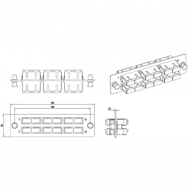 Оптический кросс Hyperline Панель для FO-19BX с 6 SC (duplex) адаптерами 12 волокон многомод OM2 120x32 мм FO-FPM-W120H32-6DSC-BG