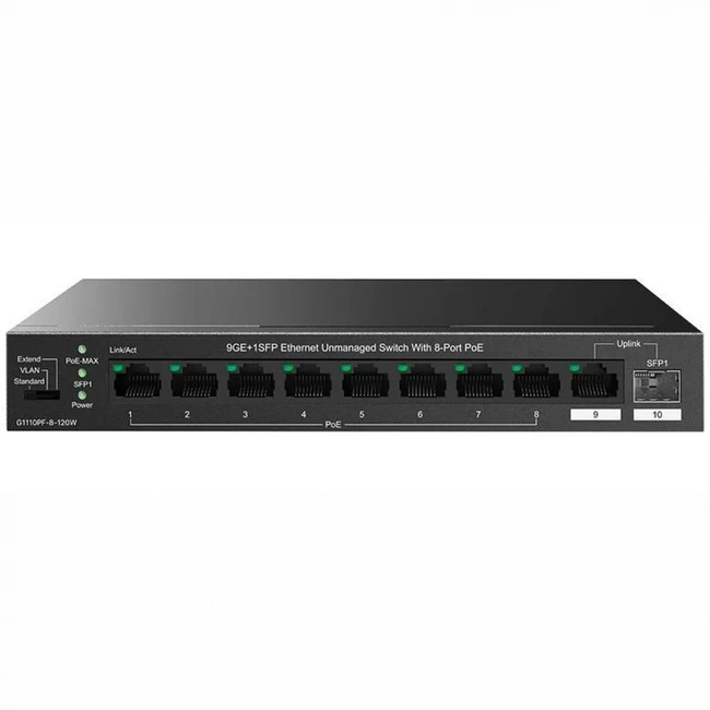 Коммутатор TENDA G1110PF-8-120W (1000 Base-T (1000 мбит/с), 1 SFP порт)